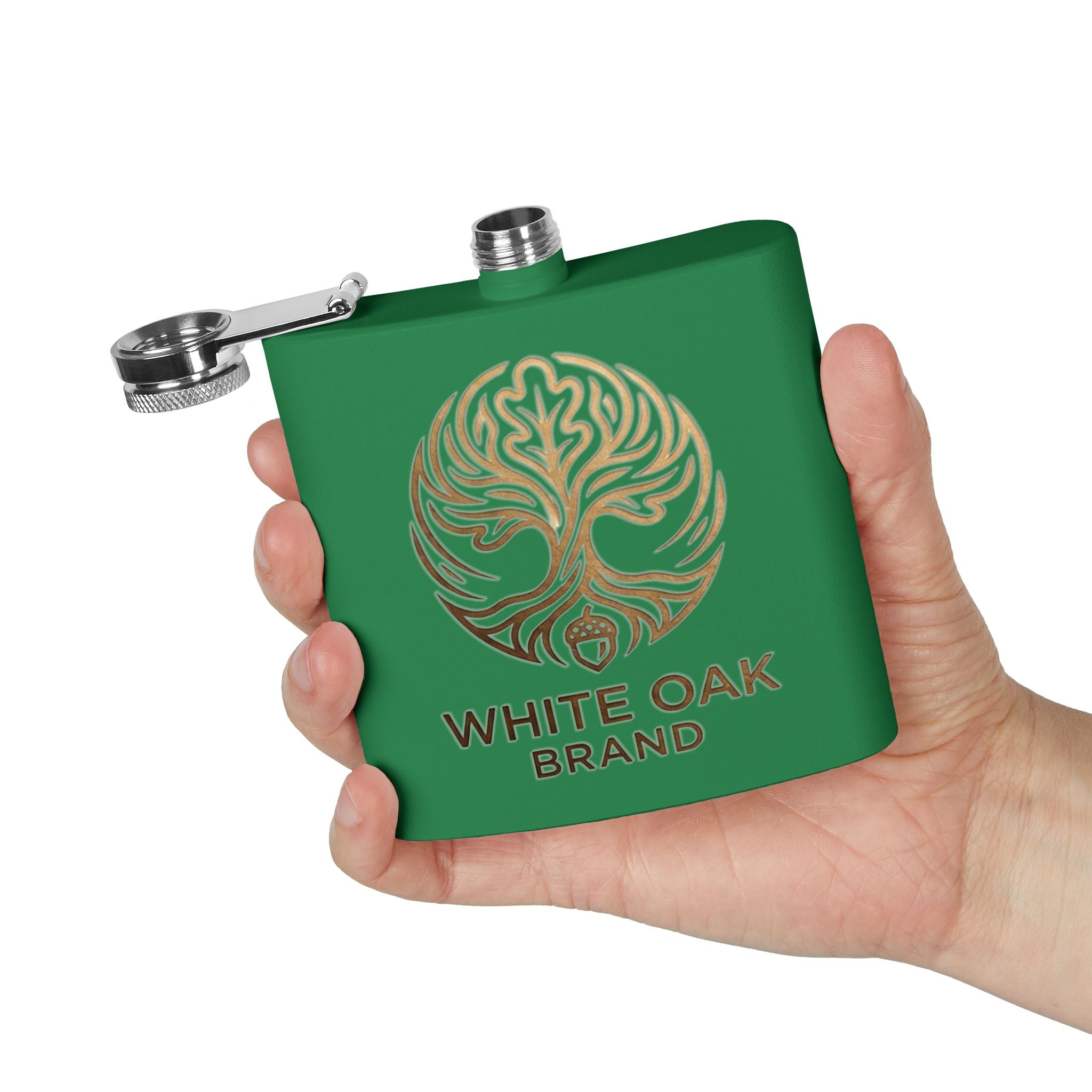White Oak Brand 6oz Stainless Steel Flask — Engraved Oak Logo Hip Flask, Gift for Groomsmen & Outdoor Enthusiasts