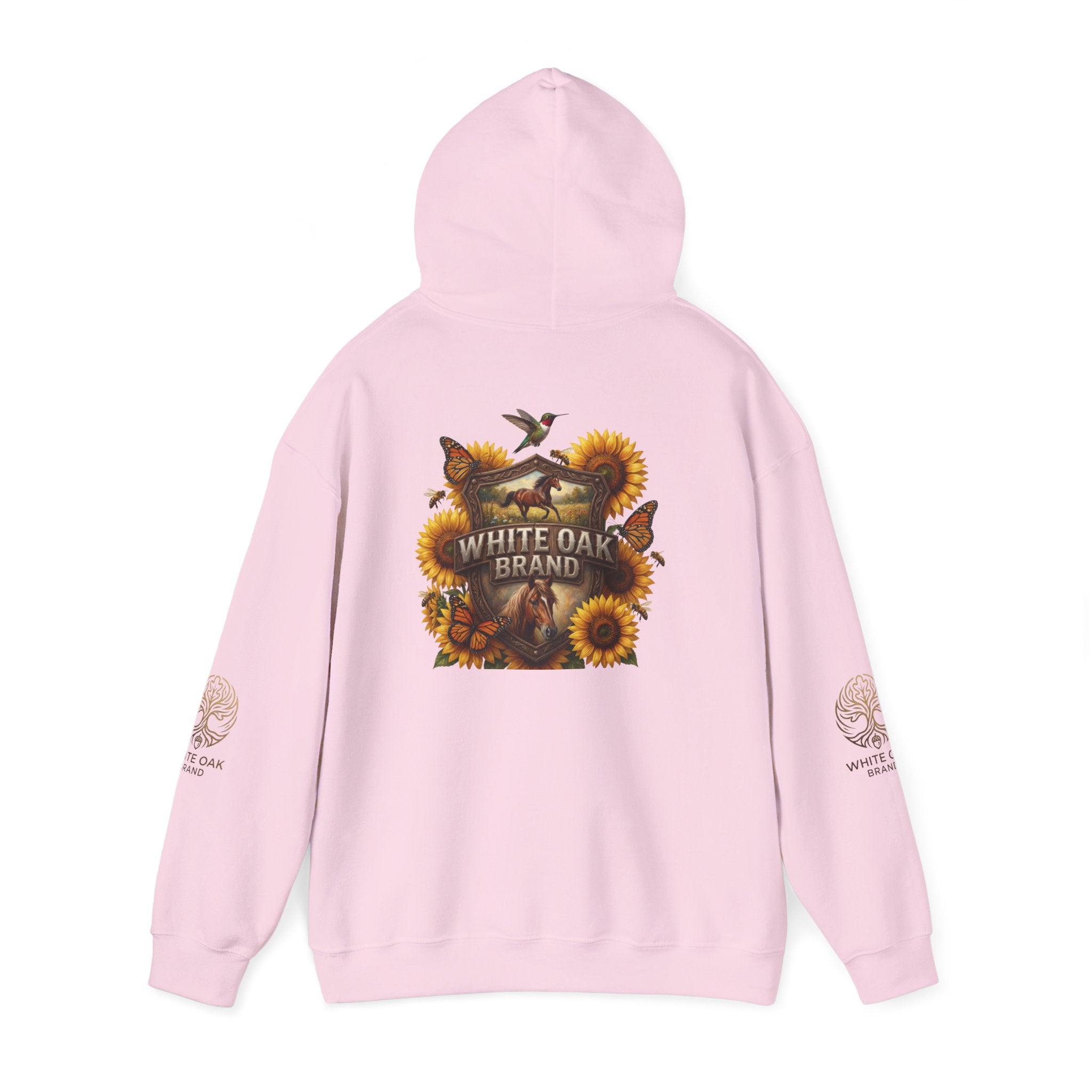 White Oak Brand Hoodie — Sunflowers, Fox & Rustic Nature Graphic