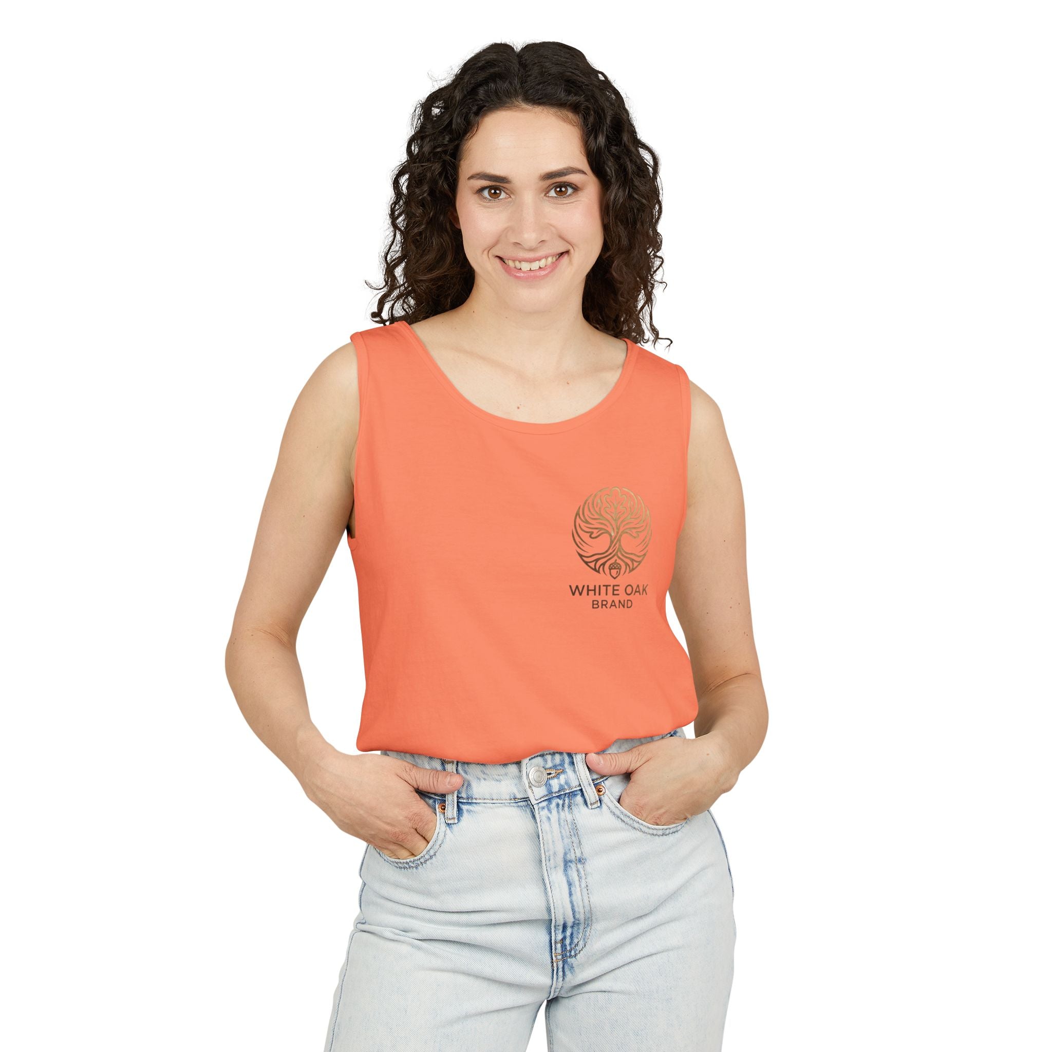White Oak Brand Tank Top — Minimal Tree Logo Chest Print