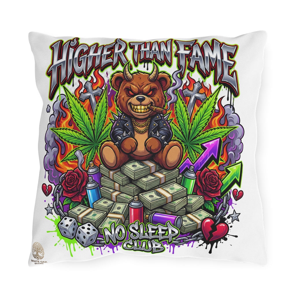 Higher Than Fame Outdoor Pillow — Bear on Money Graphic with "No Sleep Club"