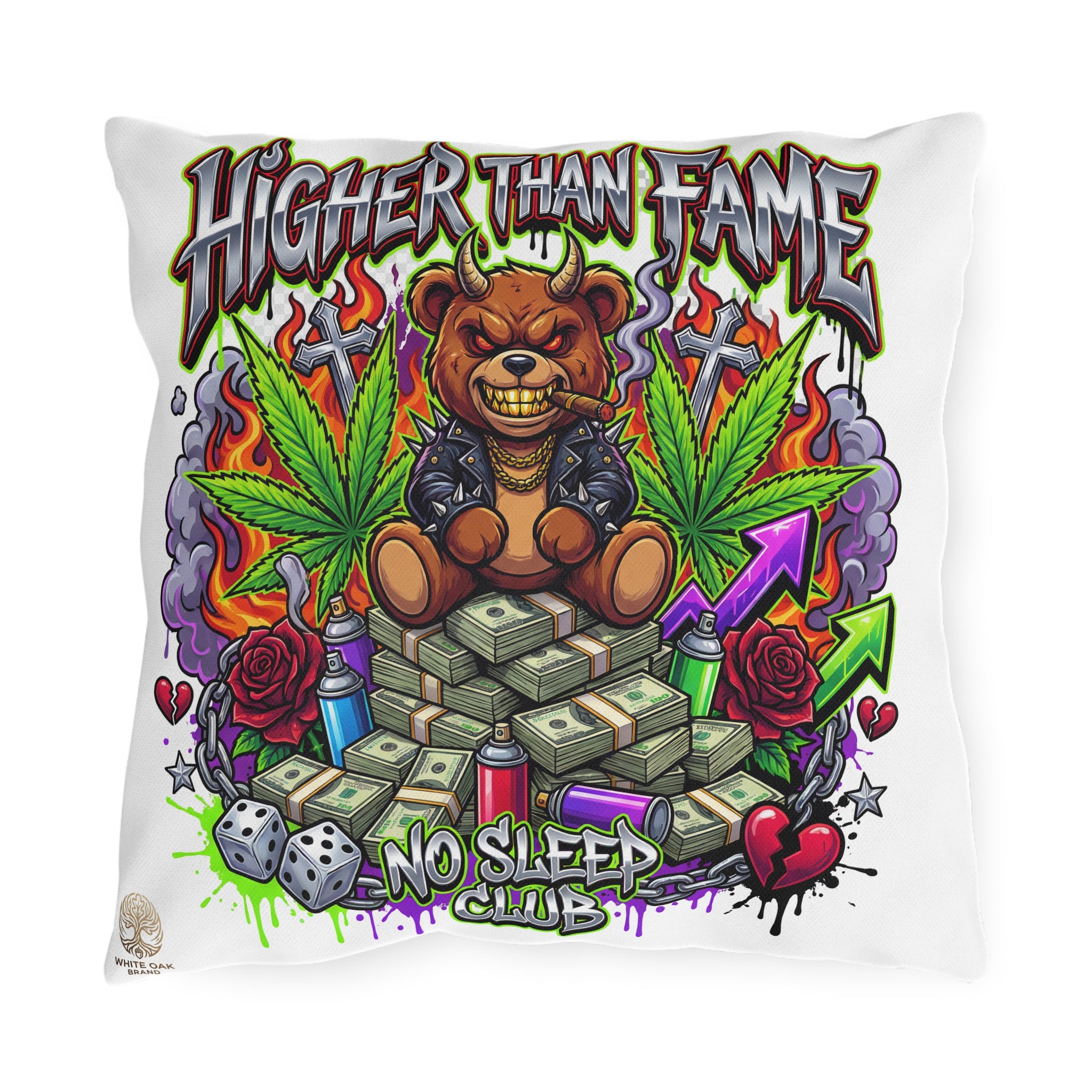 Higher Than Fame Outdoor Pillow — Bear on Money Graphic with "No Sleep Club"