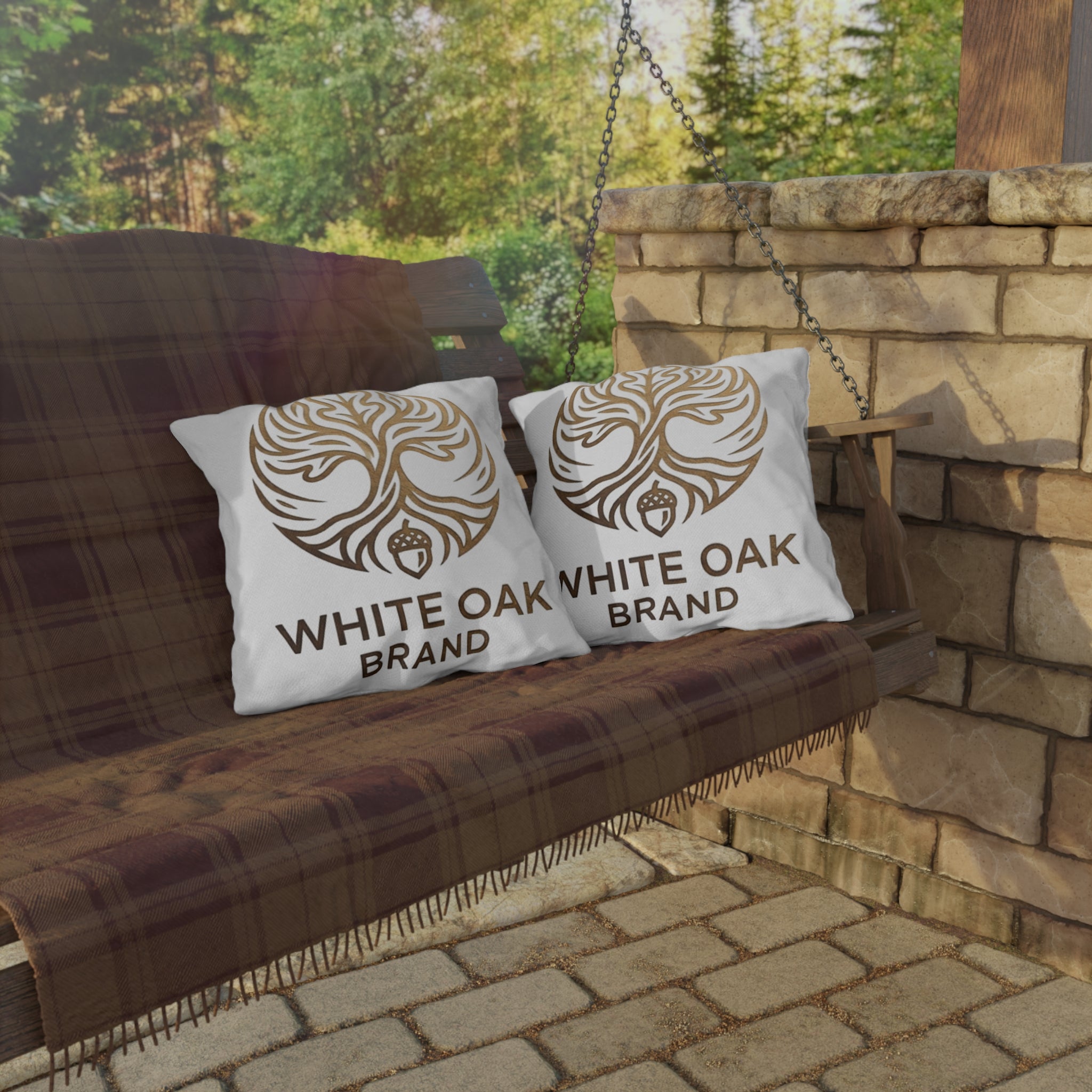 White Oak Brand Outdoor Pillow – Rustic Tree & Acorn Patio Cushion