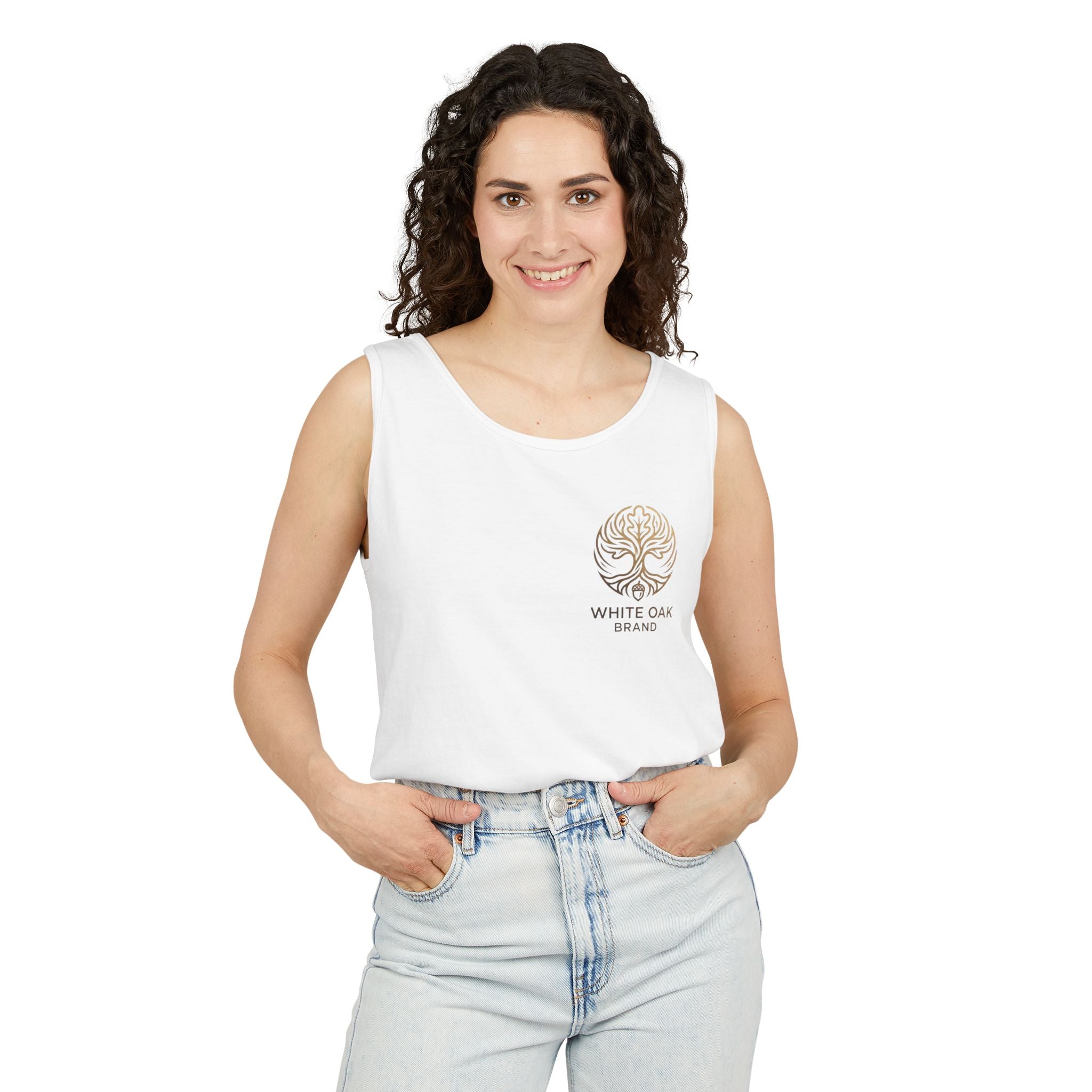 White Oak Brand Tank Top — Minimal Tree Logo Chest Print