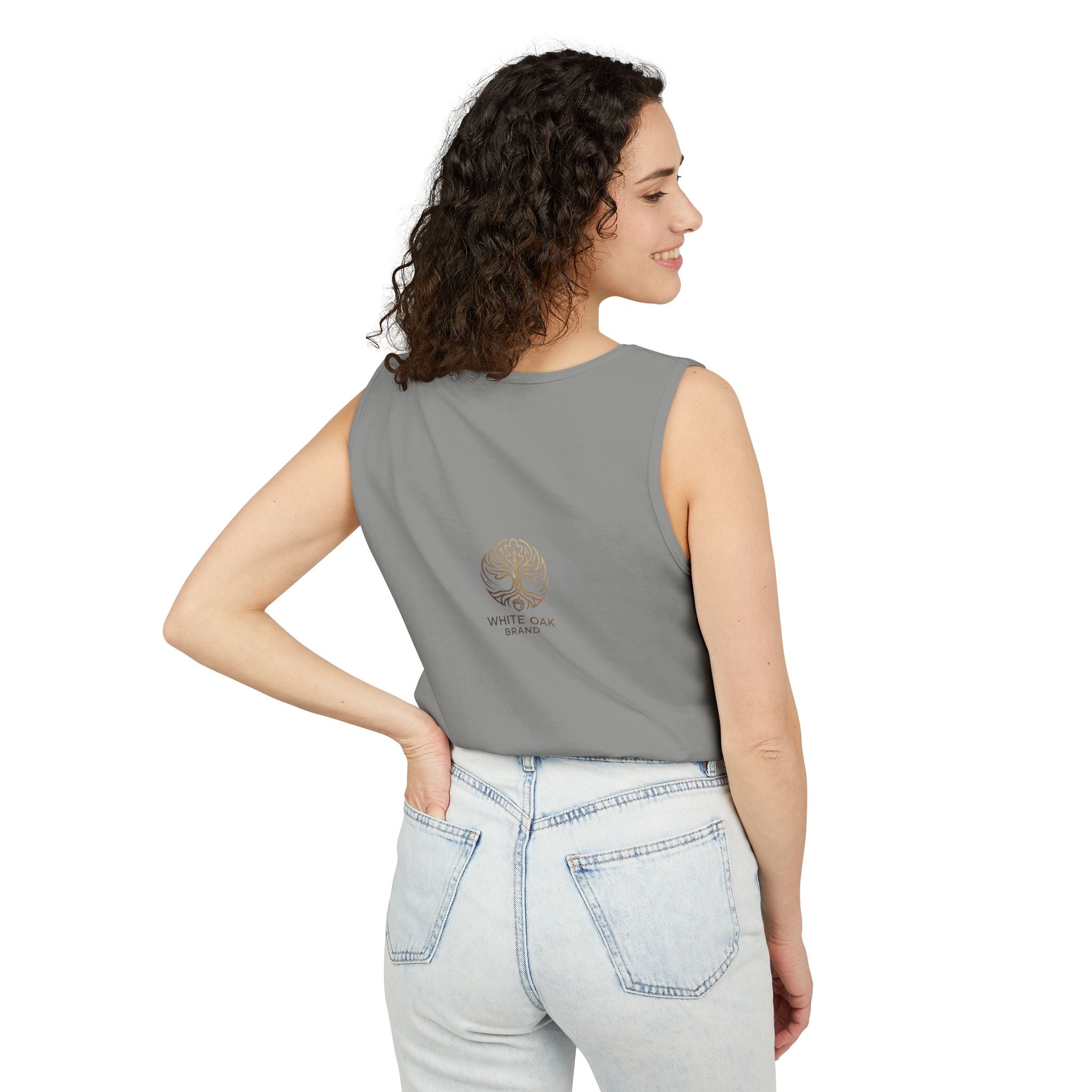 White Oak Brand Tank Top — Minimal Tree Logo Chest Print