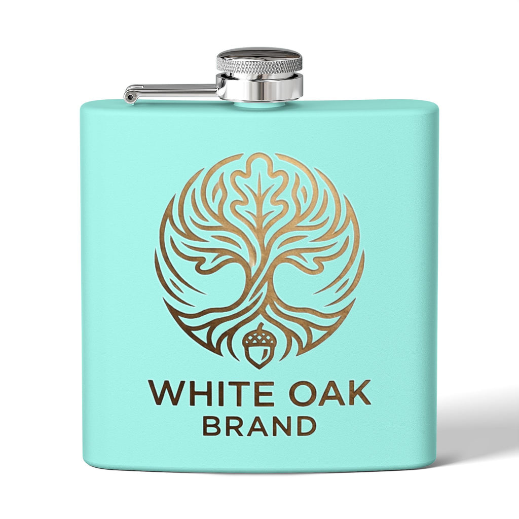White Oak Brand 6oz Stainless Steel Flask — Engraved Oak Logo Hip Flask, Gift for Groomsmen & Outdoor Enthusiasts