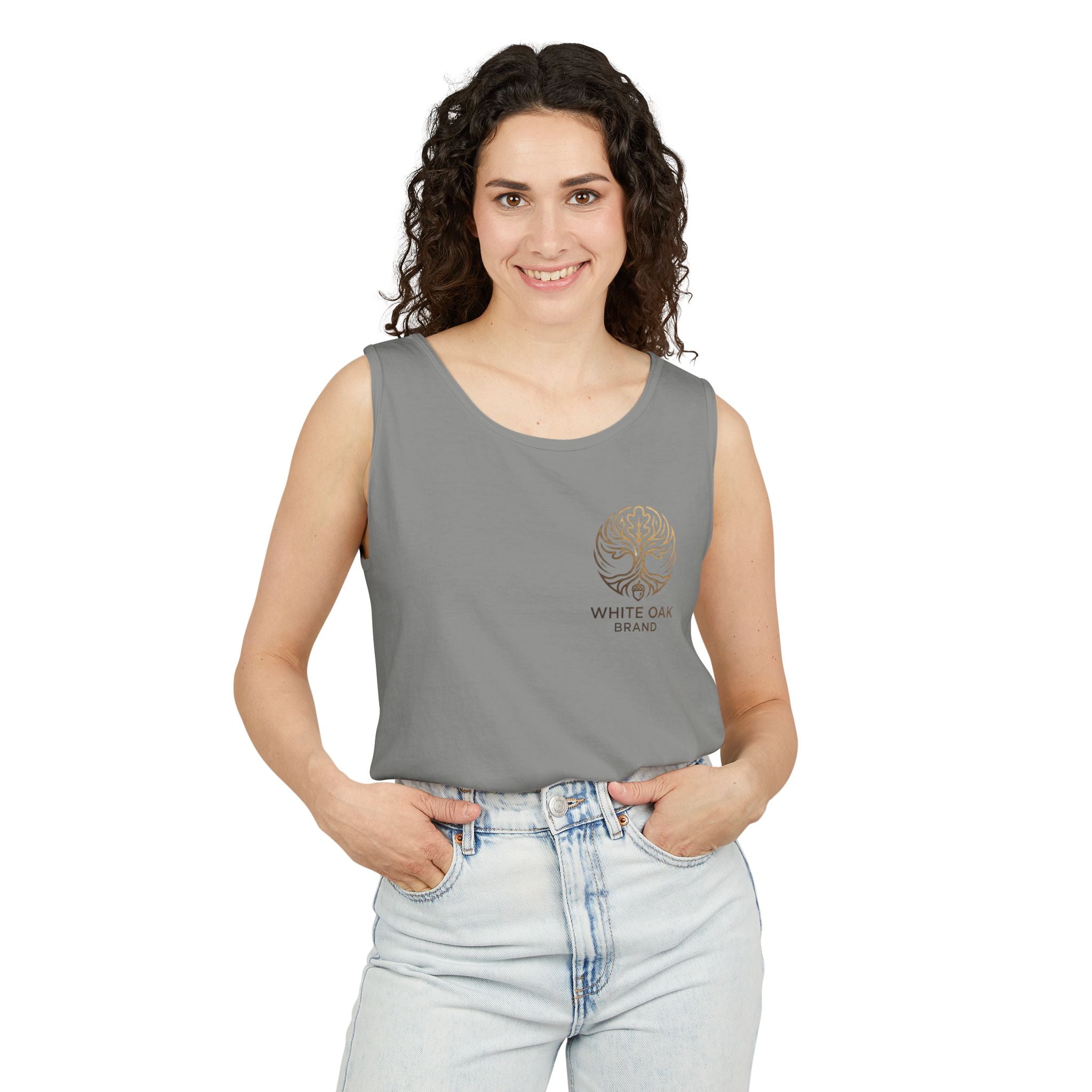 White Oak Brand Tank Top — Minimal Tree Logo Chest Print