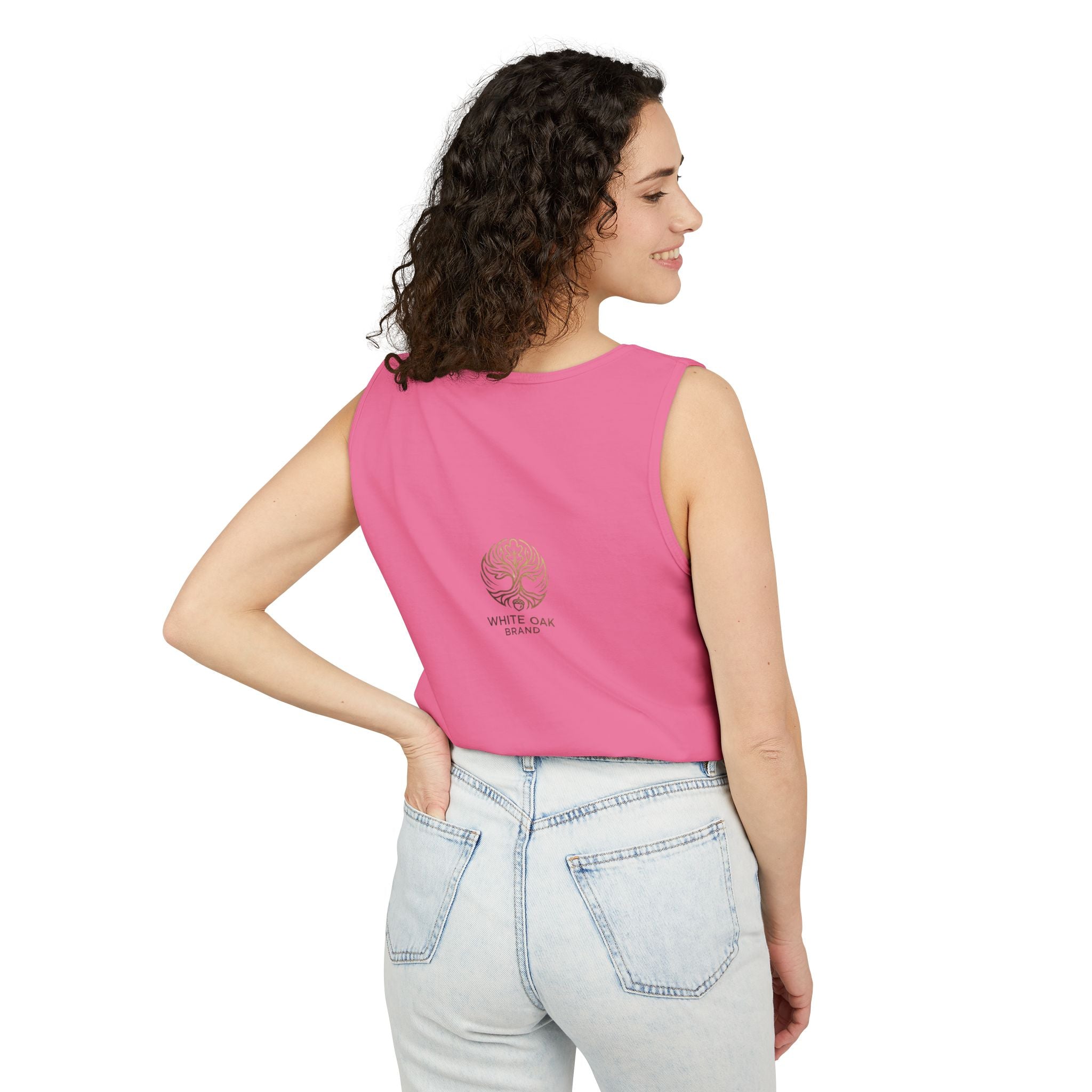 White Oak Brand Tank Top — Minimal Tree Logo Chest Print