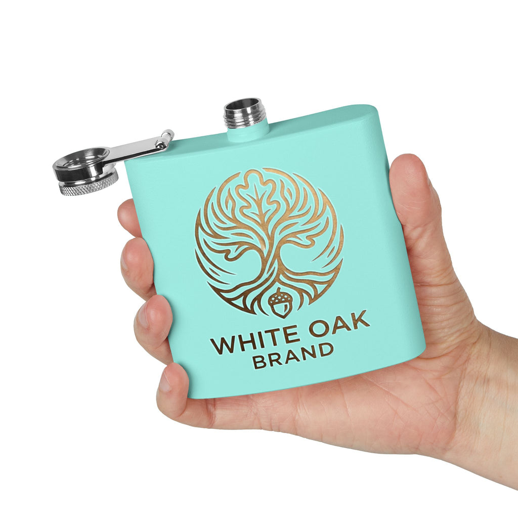 White Oak Brand 6oz Stainless Steel Flask — Engraved Oak Logo Hip Flask, Gift for Groomsmen & Outdoor Enthusiasts