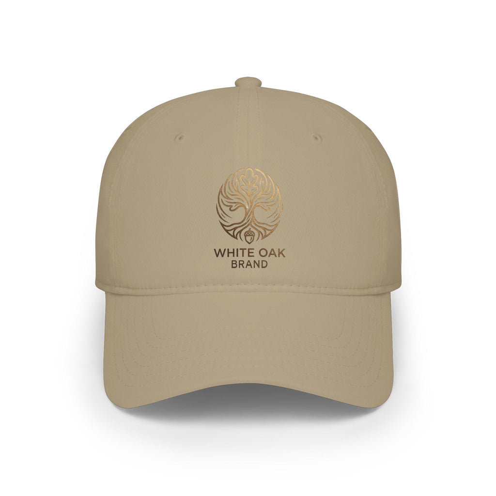 Red Low-Profile Baseball Cap — Gold White Oak Brand Tree Logo