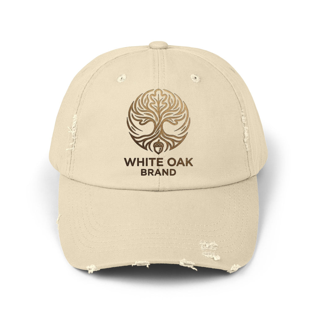 White Oak Distressed Cap — Rustic Gold Tree Logo Baseball Hat