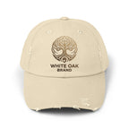 White Oak Distressed Cap — Rustic Gold Tree Logo Baseball Hat