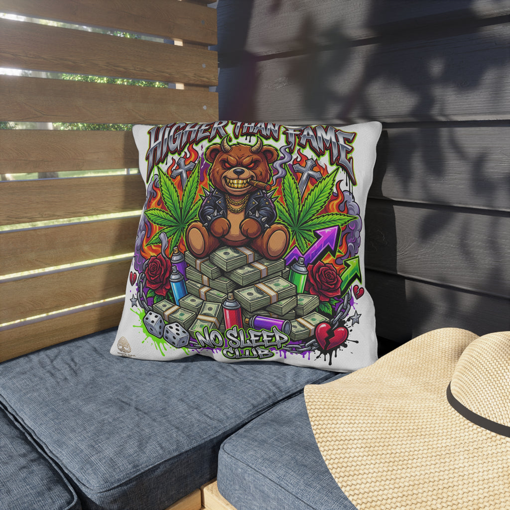 Higher Than Fame Outdoor Pillow — Bear on Money Graphic with "No Sleep Club"