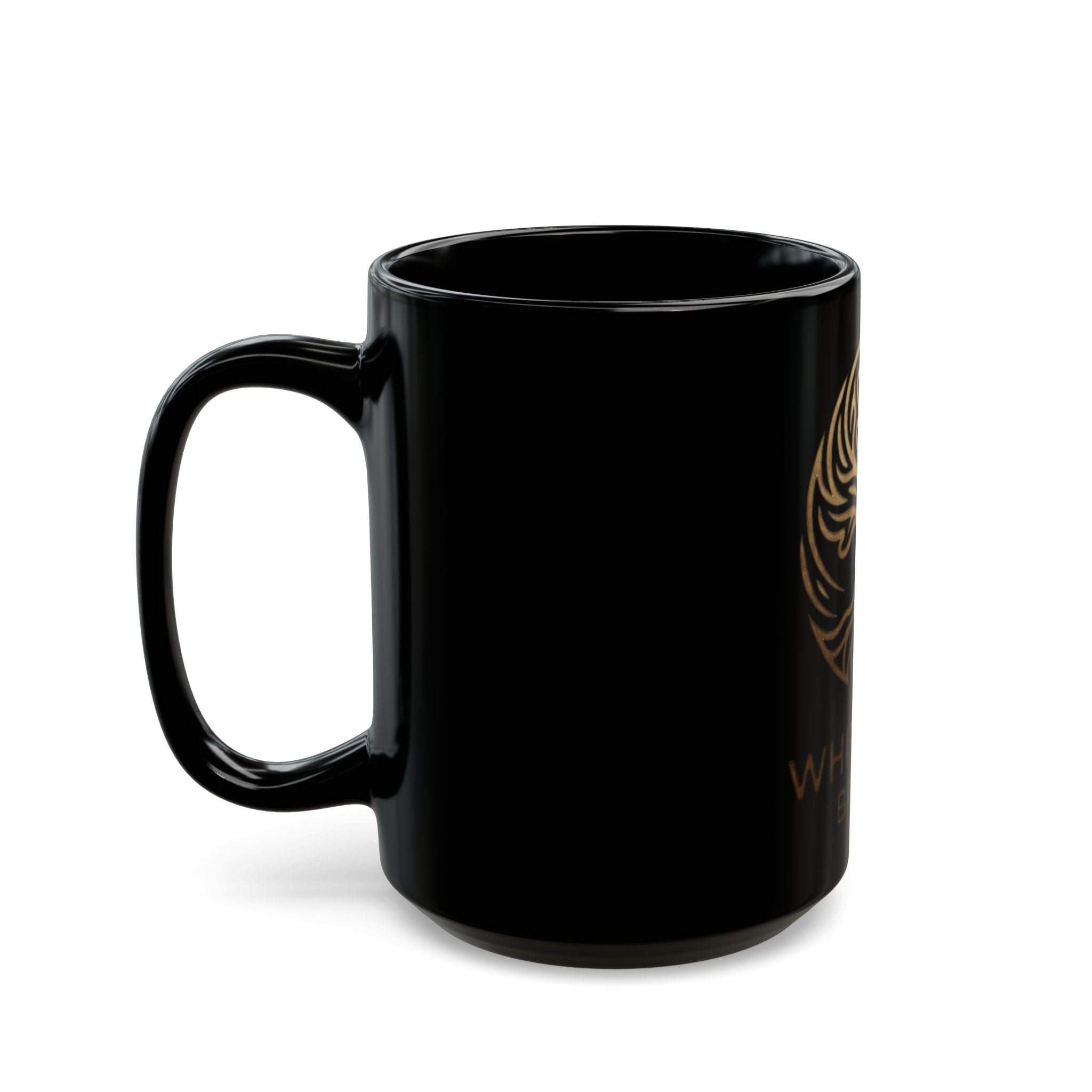 White Oak Brand Black Ceramic Mug — Gold Tree Logo Coffee Cup (11oz, 15oz)