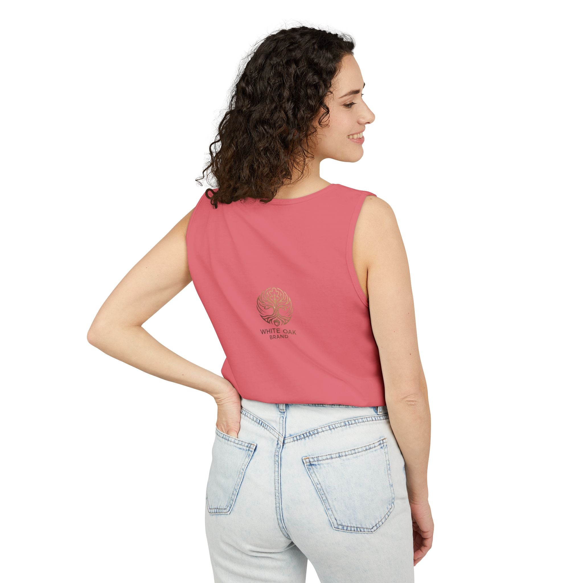 White Oak Brand Tank Top — Minimal Tree Logo Chest Print