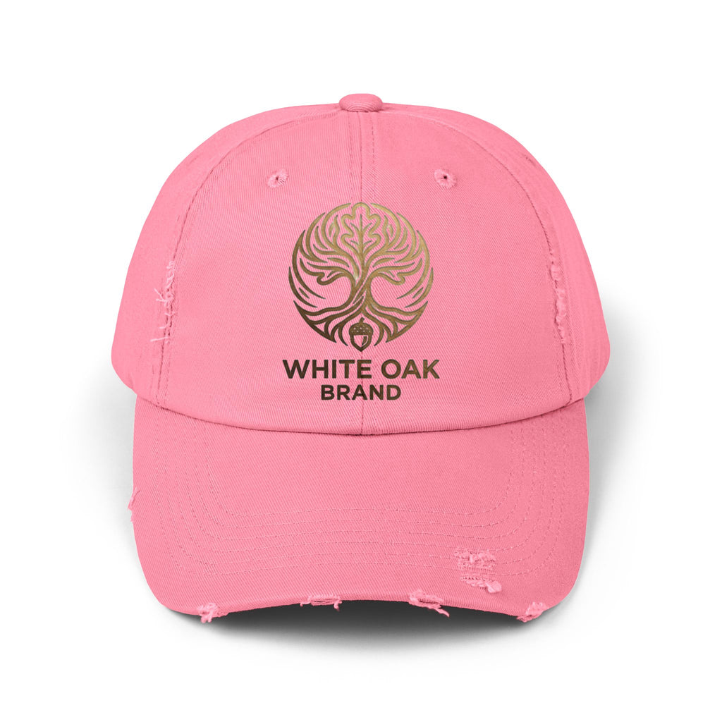 White Oak Distressed Cap — Rustic Gold Tree Logo Baseball Hat