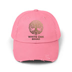 White Oak Distressed Cap — Rustic Gold Tree Logo Baseball Hat