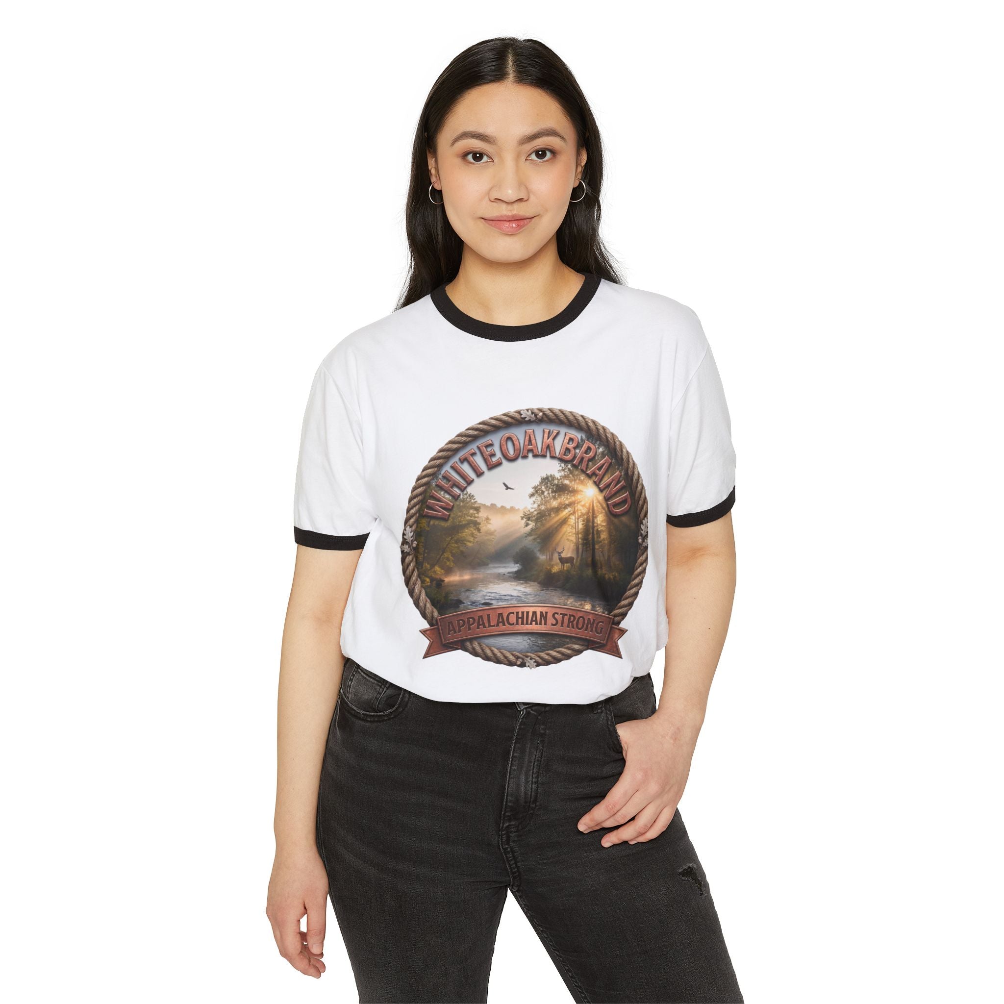 Vintage White Oak Brand Ringer Tee — Woodland Scenic Logo T‑Shirt
