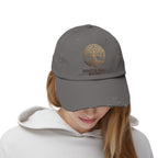 White Oak Distressed Cap — Rustic Gold Tree Logo Baseball Hat