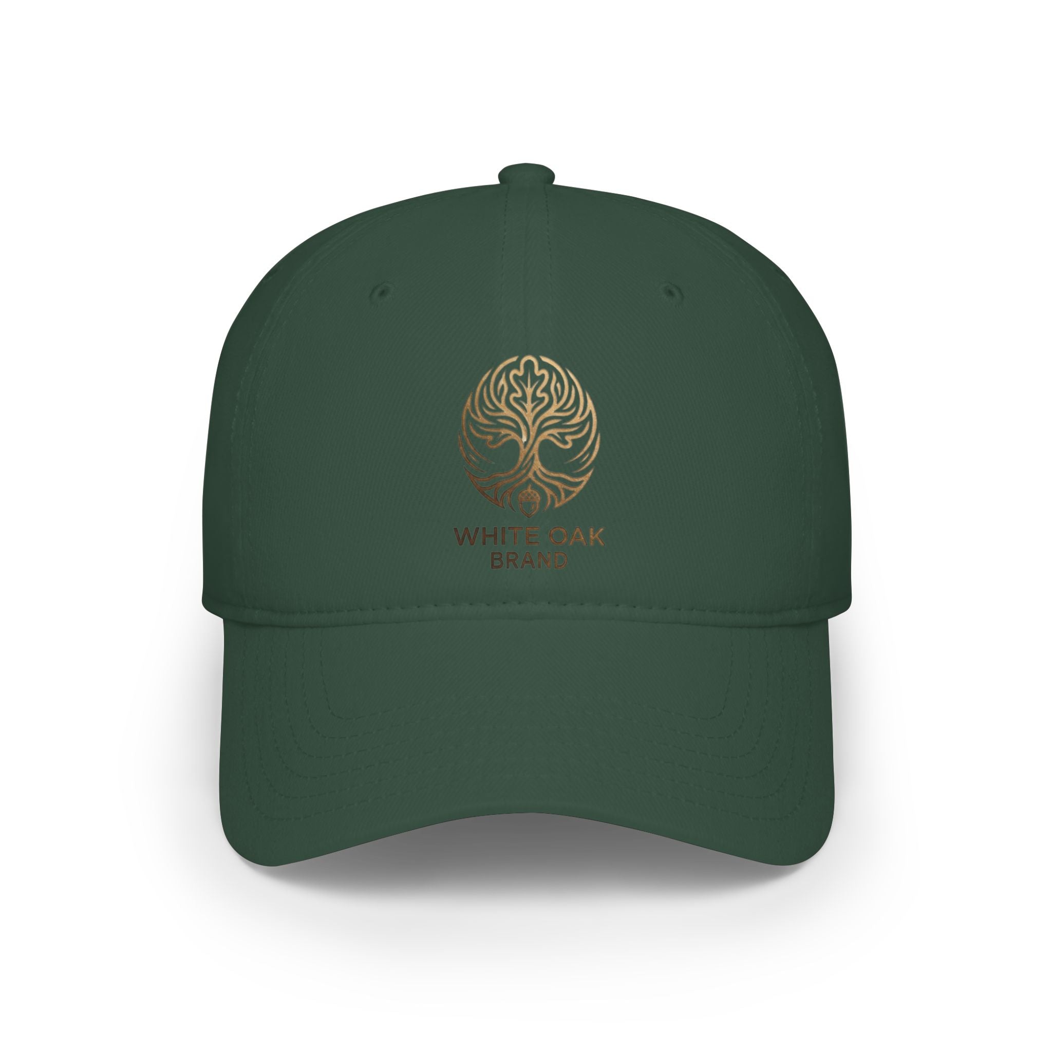 Red Low-Profile Baseball Cap — Gold White Oak Brand Tree Logo