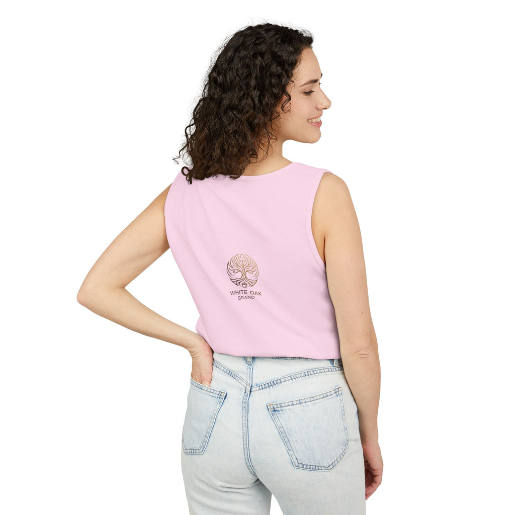 White Oak Brand Tank Top — Minimal Tree Logo Chest Print