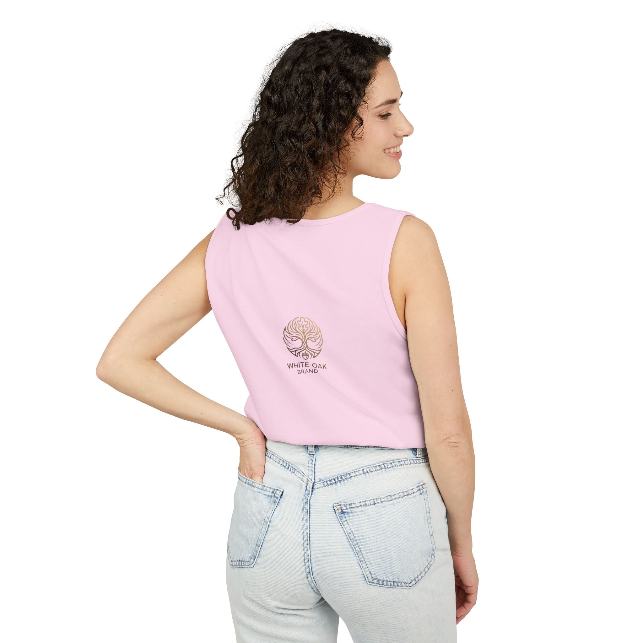 White Oak Brand Tank Top — Minimal Tree Logo Chest Print