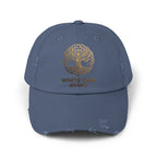 White Oak Distressed Cap — Rustic Gold Tree Logo Baseball Hat