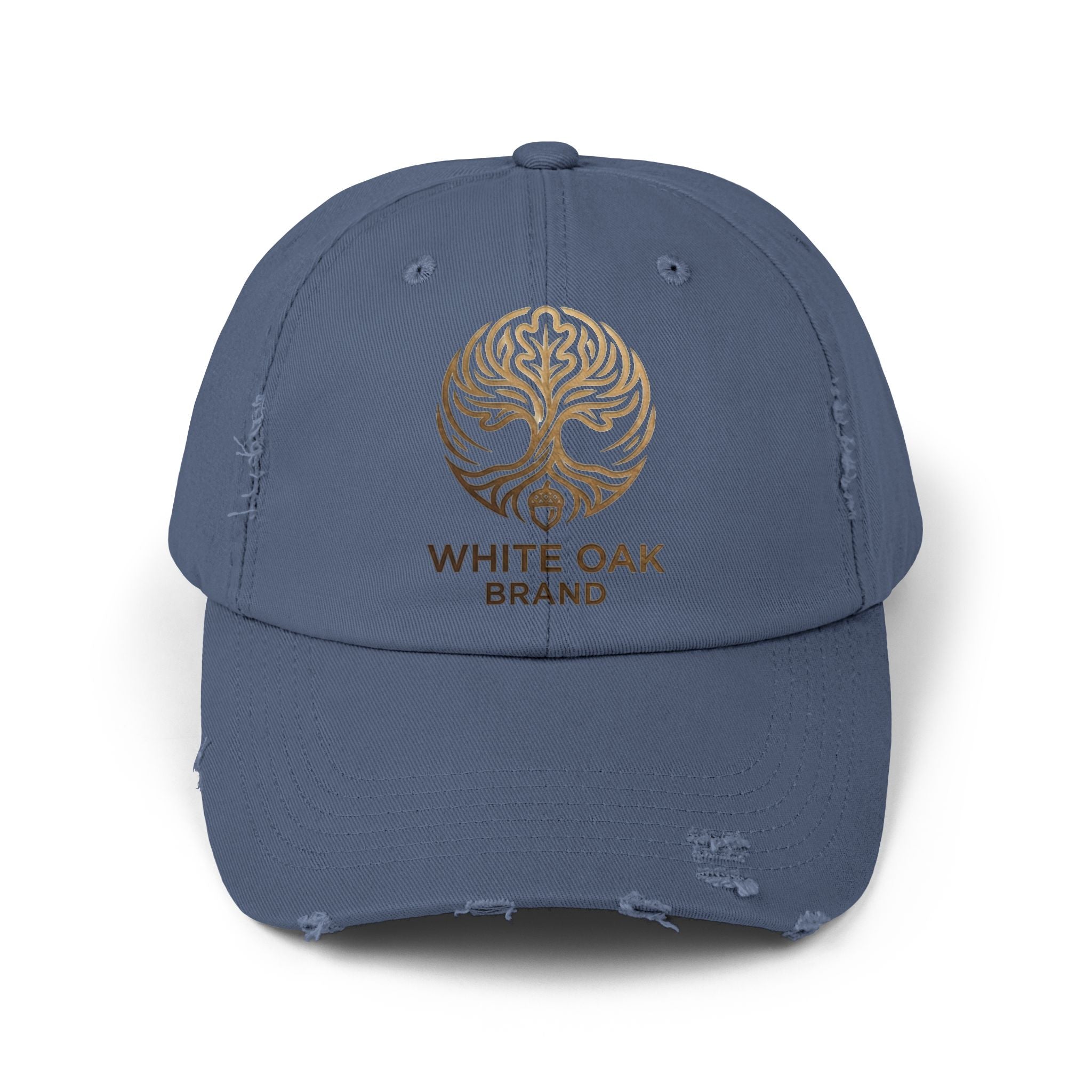 White Oak Distressed Cap — Rustic Gold Tree Logo Baseball Hat