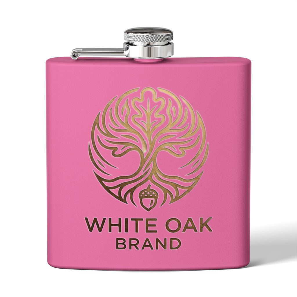 White Oak Brand 6oz Stainless Steel Flask — Engraved Oak Logo Hip Flask, Gift for Groomsmen & Outdoor Enthusiasts