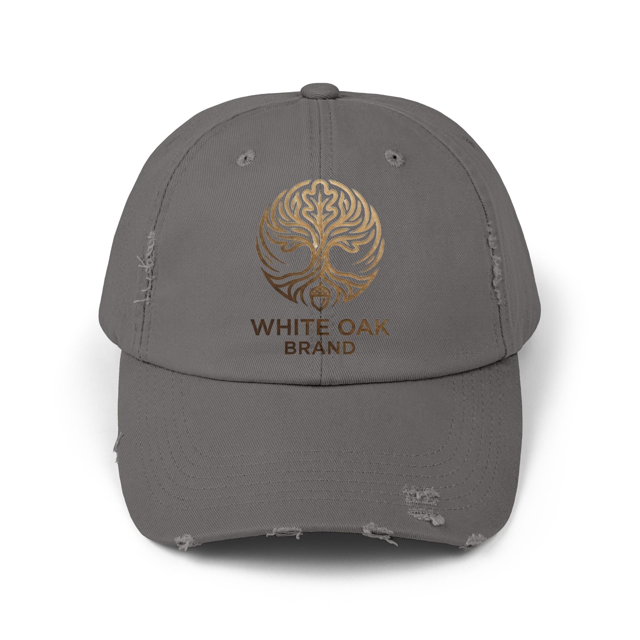 White Oak Distressed Cap — Rustic Gold Tree Logo Baseball Hat