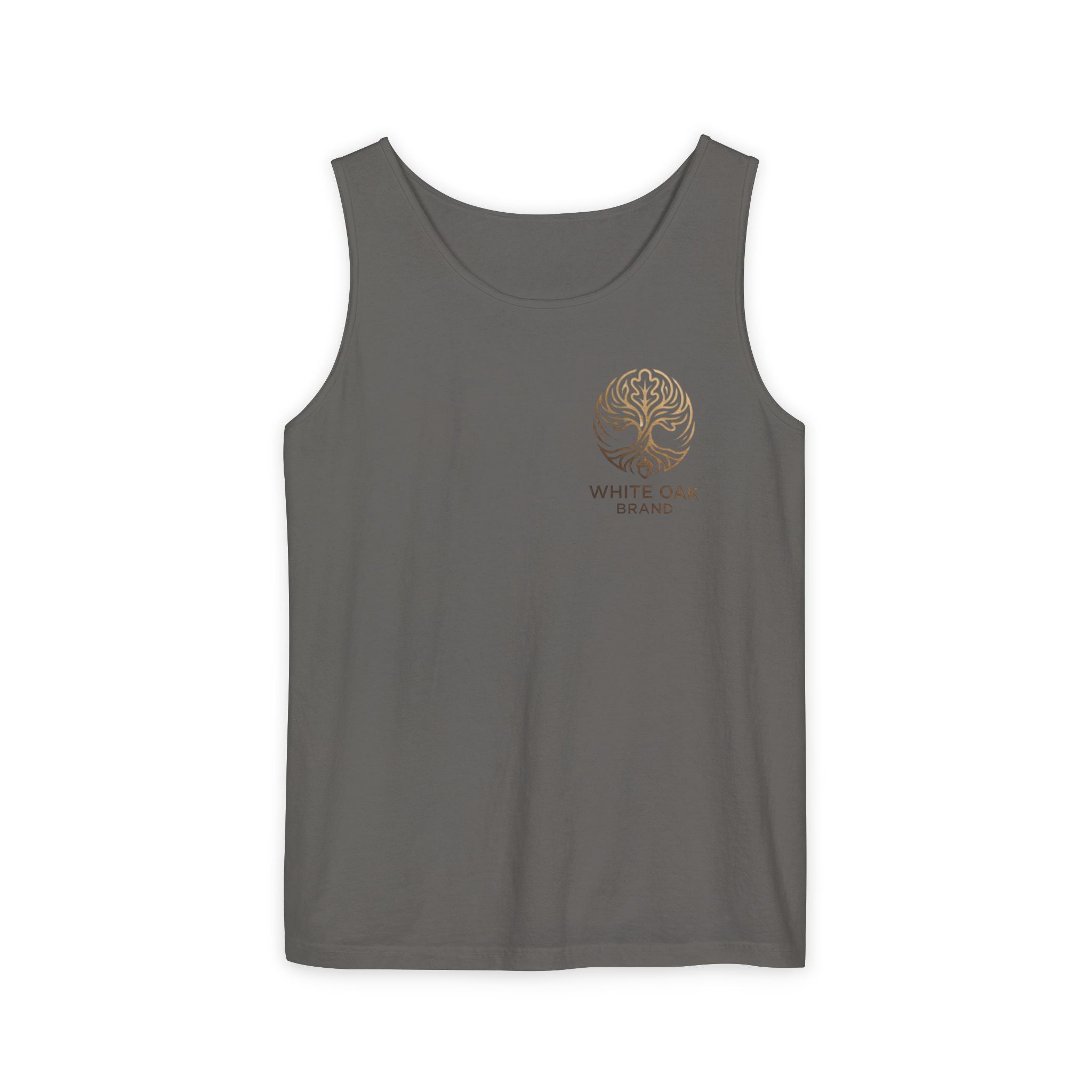 White Oak Brand Tank Top — Minimal Tree Logo Chest Print