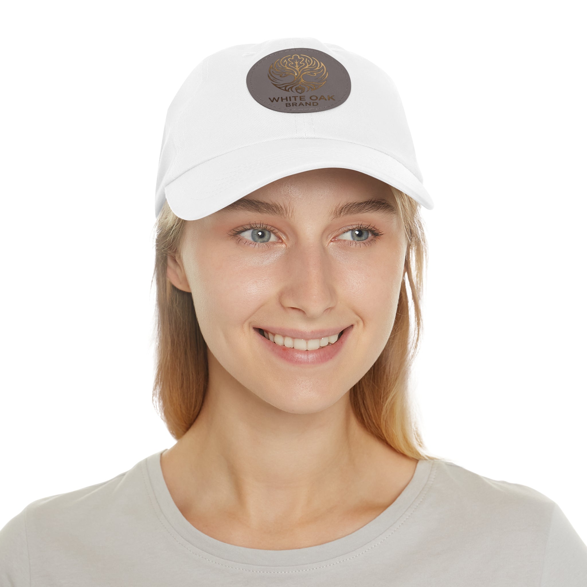 White Oak Leather Patch Dad Hat — Embossed Tree Logo Cap