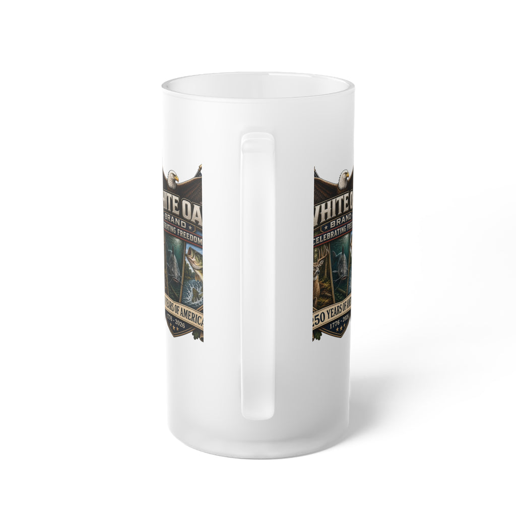 Frosted Glass Beer Mug — White Oak 250 Years of America Patriotic Eagle Design