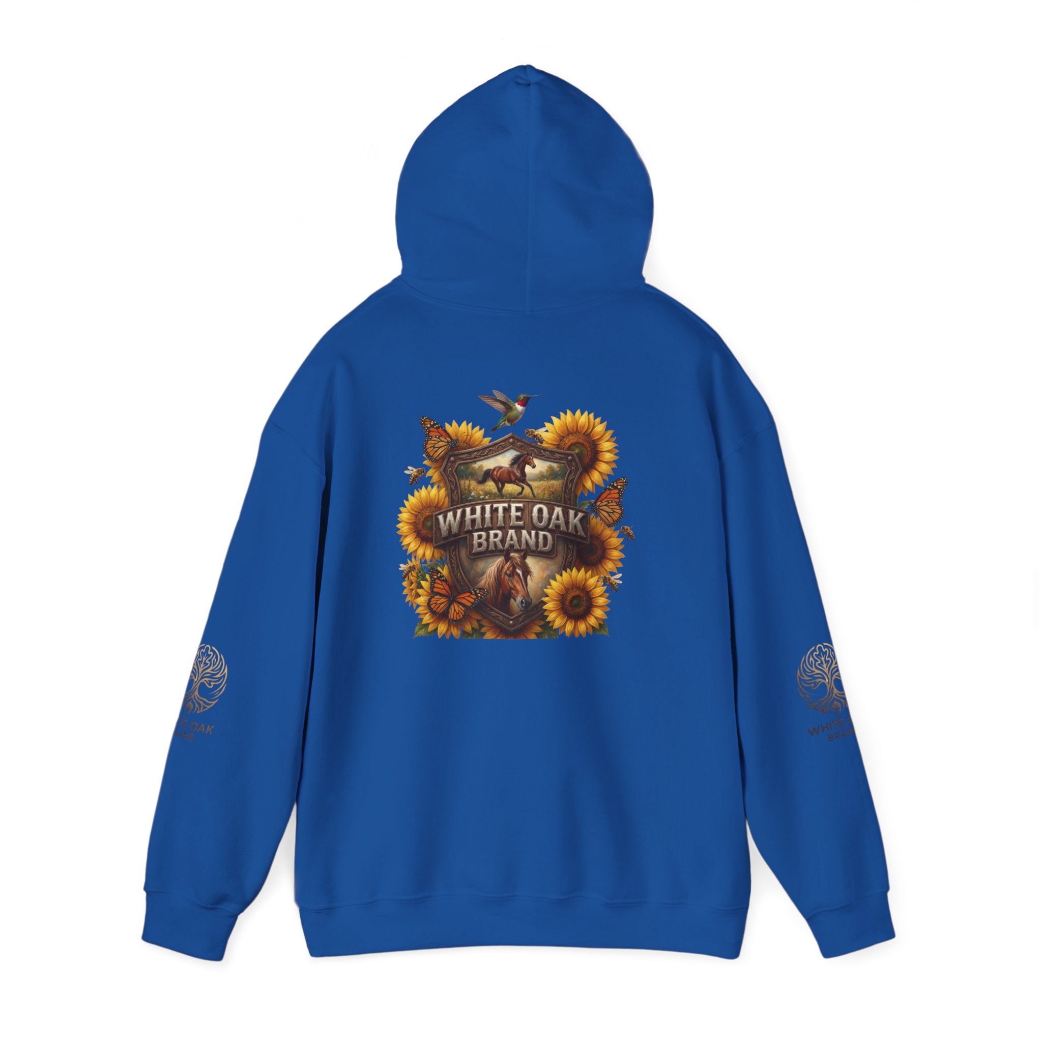 White Oak Brand Hoodie — Sunflowers, Fox & Rustic Nature Graphic