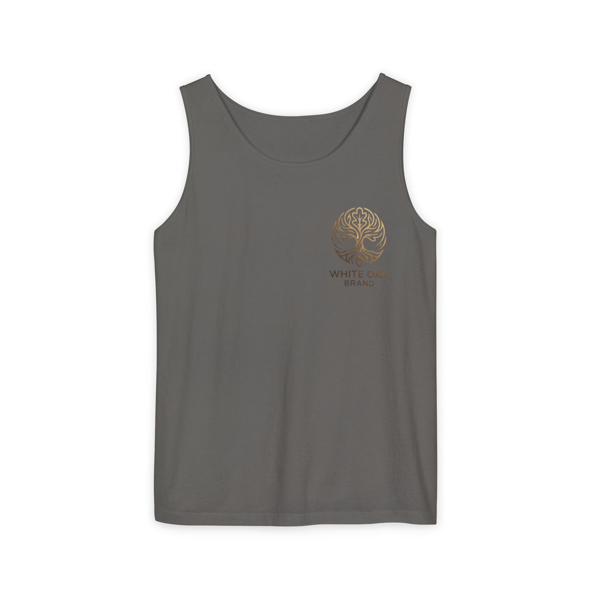 White Oak Brand Tank Top — Minimal Tree Logo Chest Print