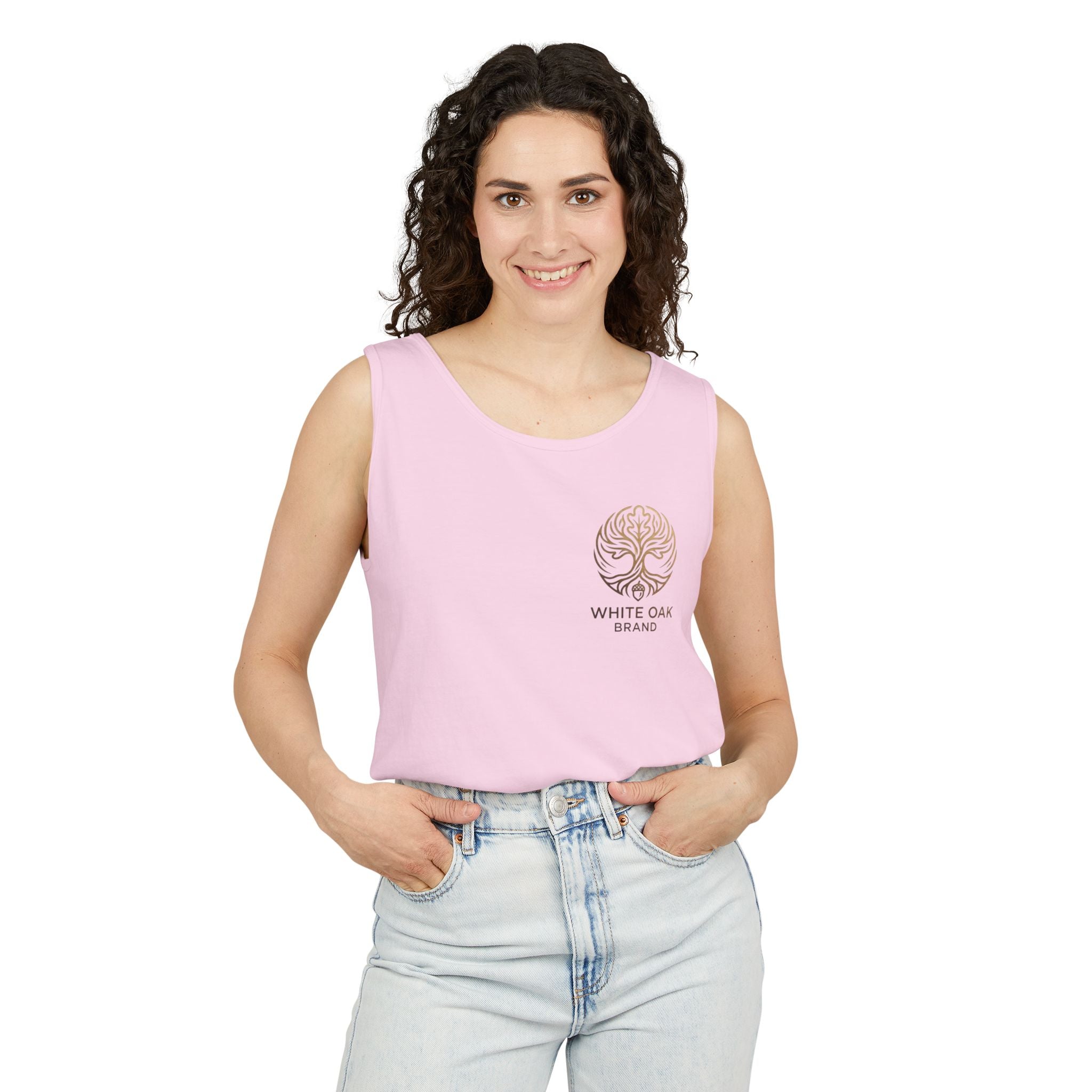 White Oak Brand Tank Top — Minimal Tree Logo Chest Print