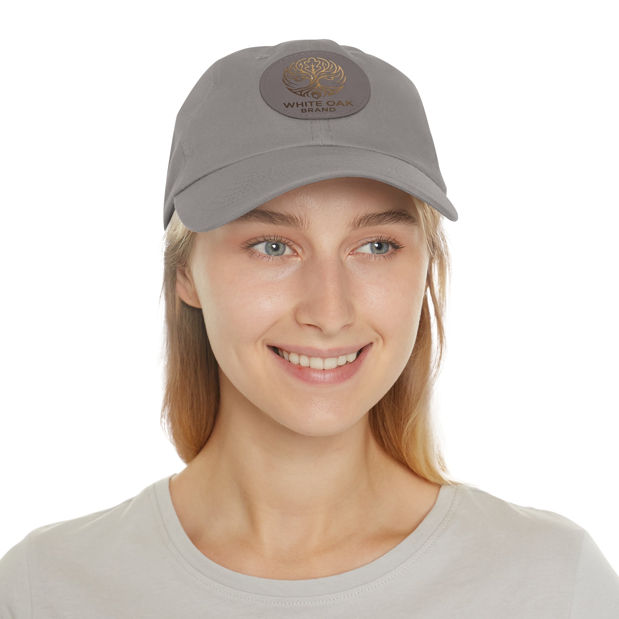 White Oak Leather Patch Dad Hat — Embossed Tree Logo Cap