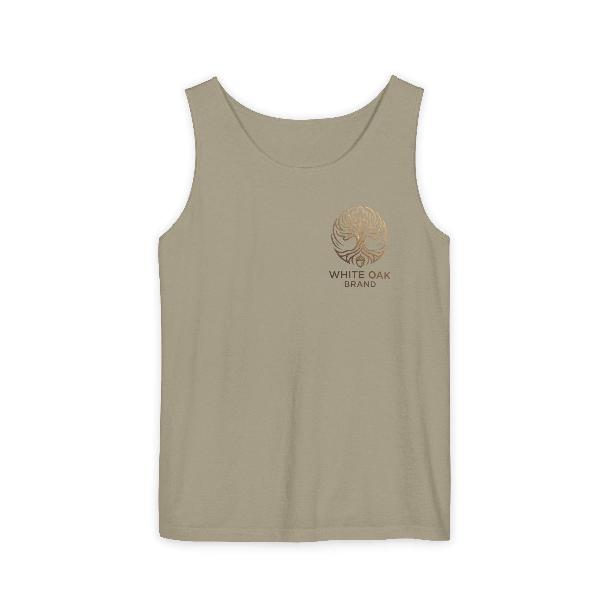 White Oak Brand Tank Top — Minimal Tree Logo Chest Print