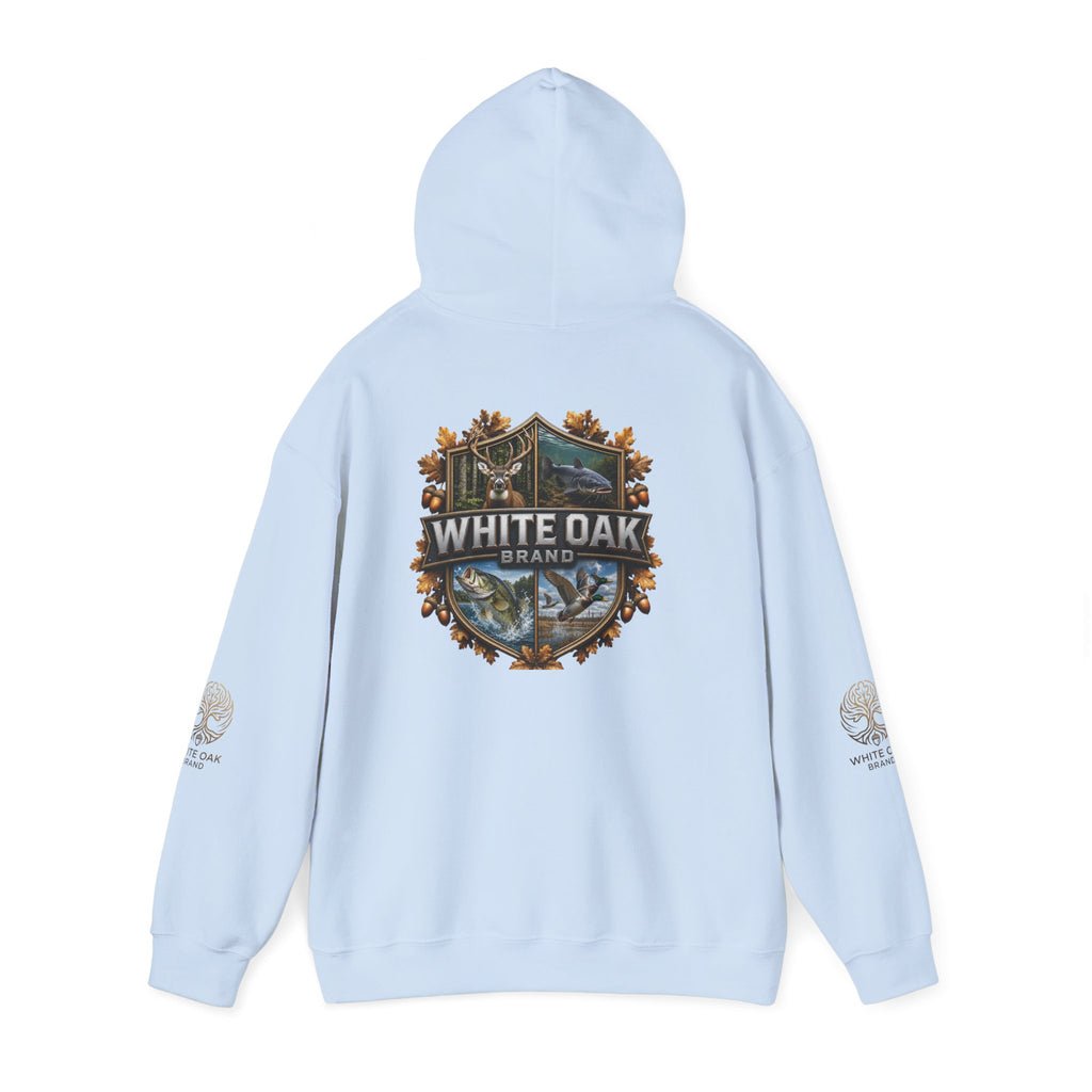 White Oak Brand Hoodie – Nature Logo Pullover with Scenic Back Emblem