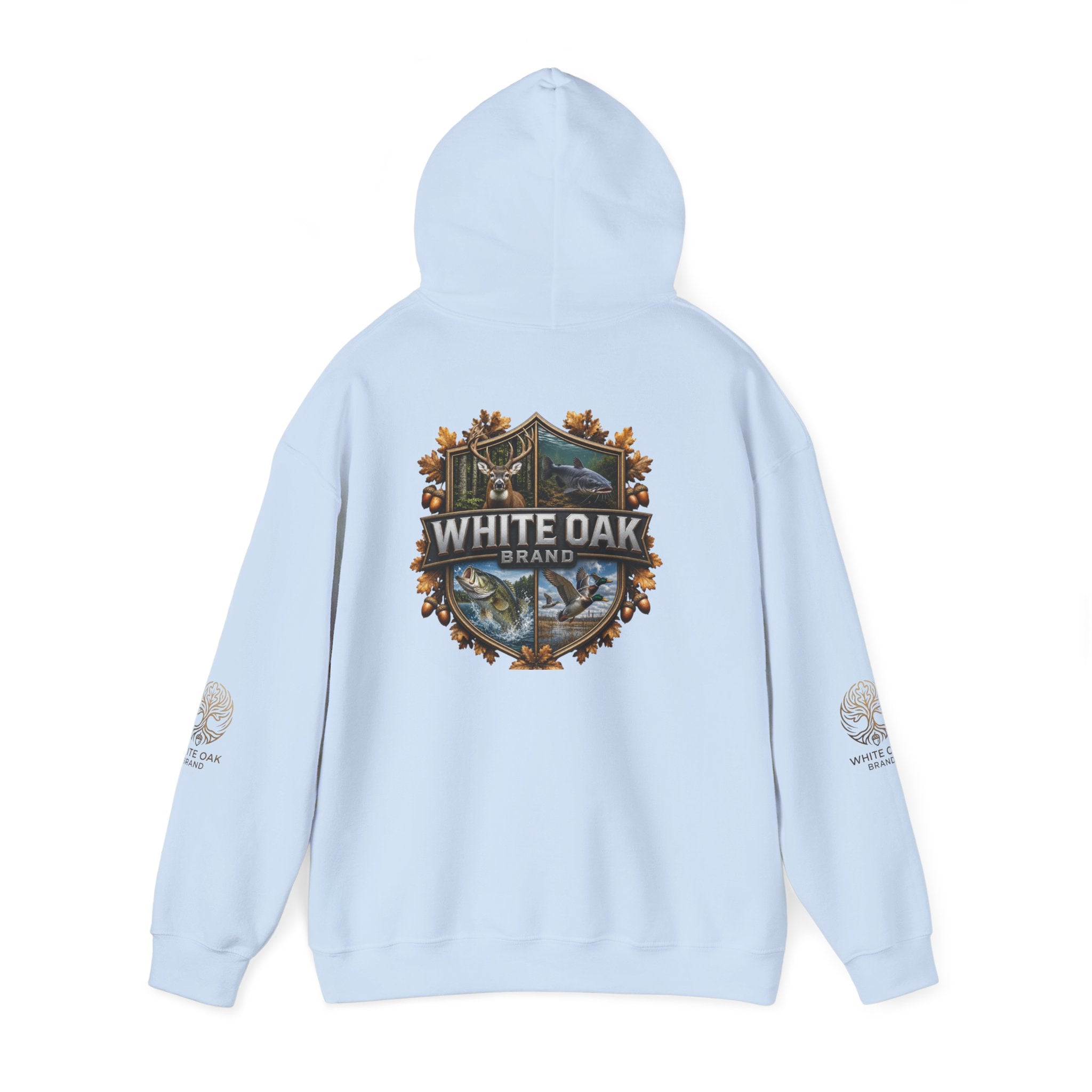 White Oak Brand Hoodie – Nature Logo Pullover with Scenic Back Emblem