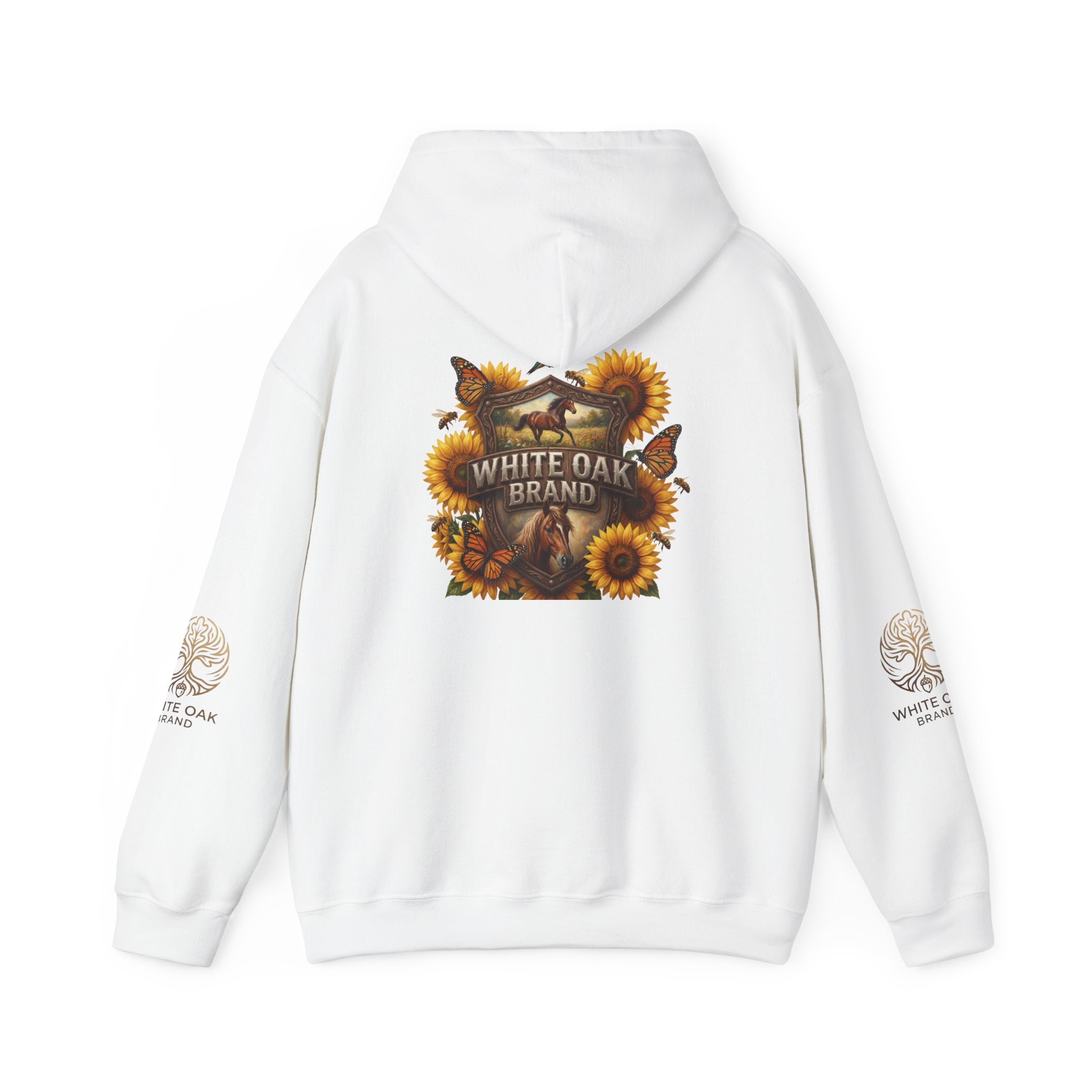 White Oak Brand Hoodie — Sunflowers, Fox & Rustic Nature Graphic