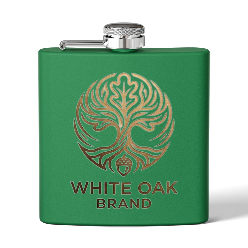 White Oak Brand 6oz Stainless Steel Flask — Engraved Oak Logo Hip Flask, Gift for Groomsmen & Outdoor Enthusiasts