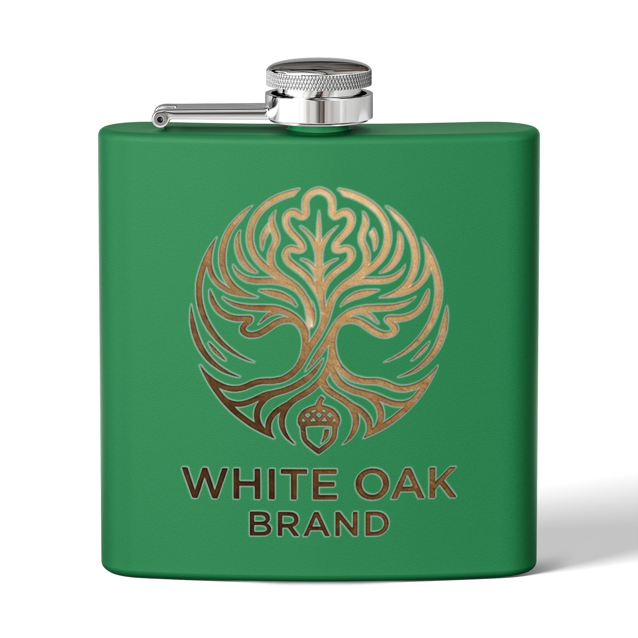 White Oak Brand 6oz Stainless Steel Flask — Engraved Oak Logo Hip Flask, Gift for Groomsmen & Outdoor Enthusiasts
