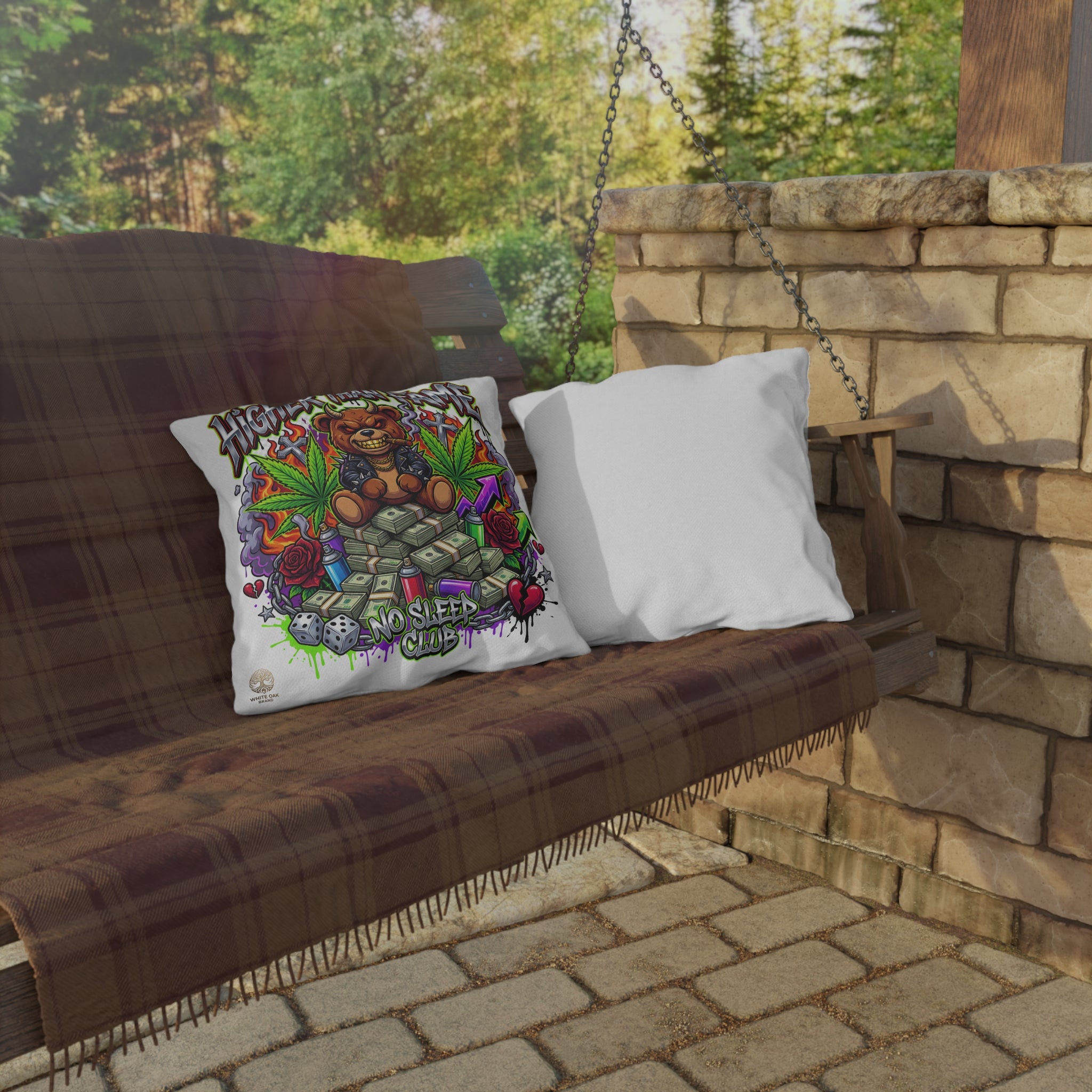 Higher Than Fame Outdoor Pillow — Bear on Money Graphic with "No Sleep Club"