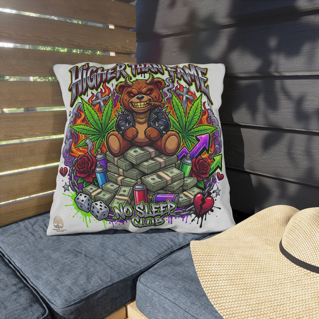Higher Than Fame Outdoor Pillow — Bear on Money Graphic with "No Sleep Club"