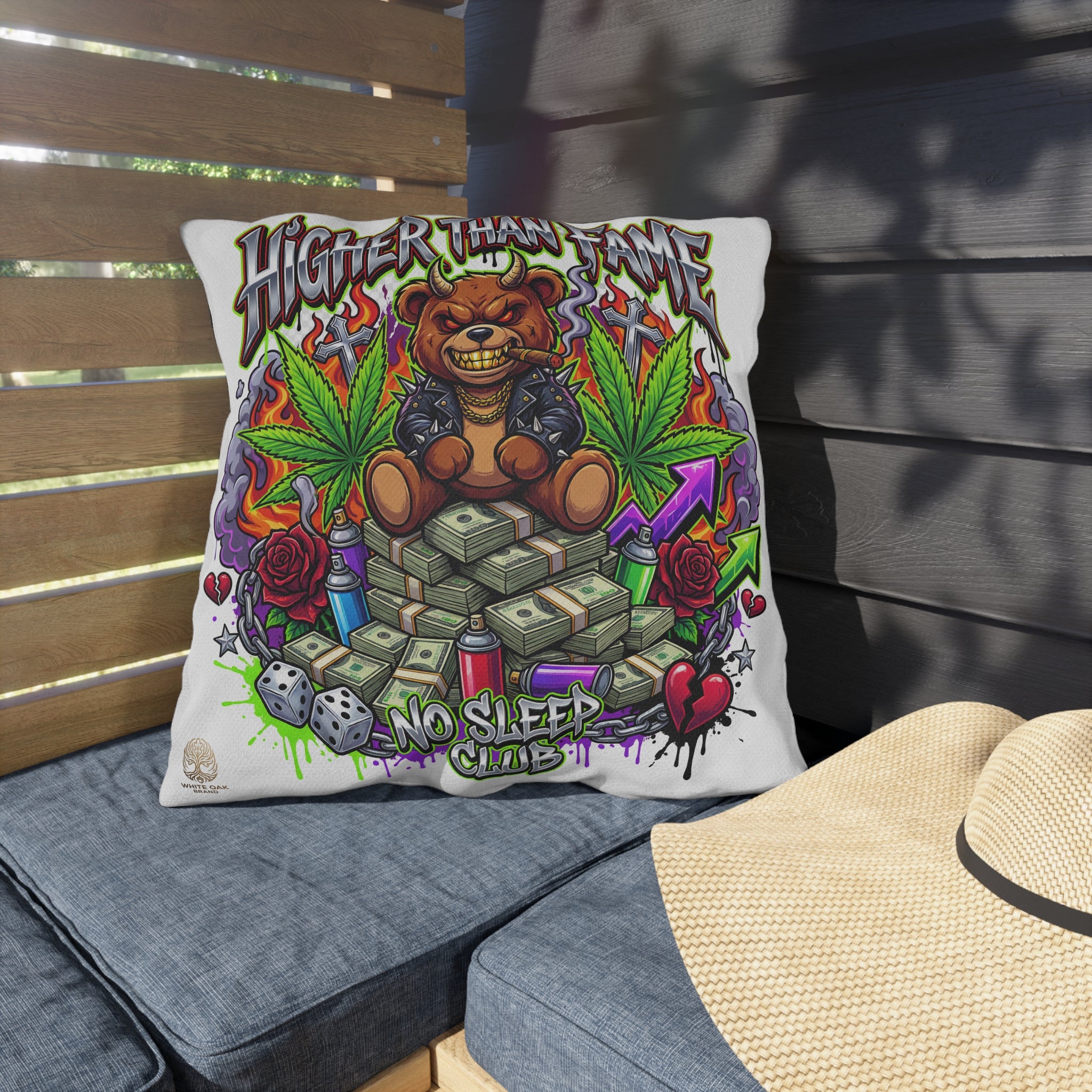 Higher Than Fame Outdoor Pillow — Bear on Money Graphic with "No Sleep Club"