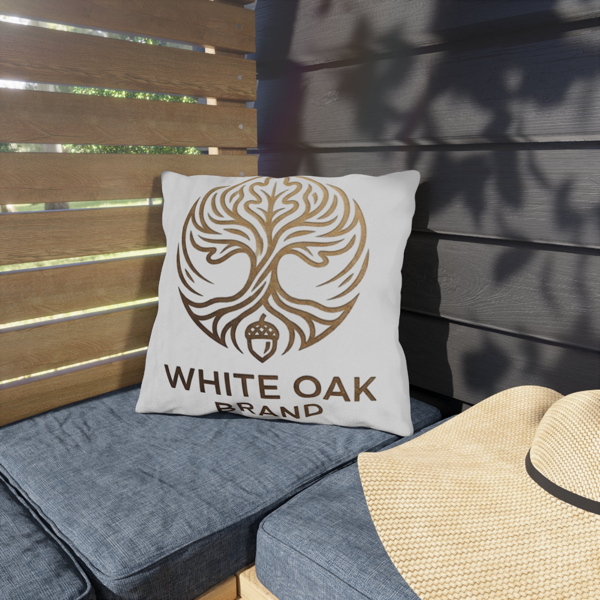 White Oak Brand Outdoor Pillow – Rustic Tree & Acorn Patio Cushion