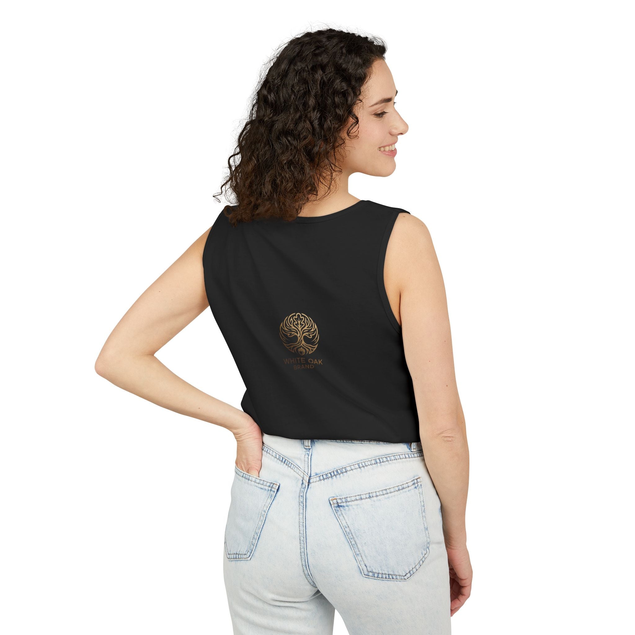 White Oak Brand Tank Top — Minimal Tree Logo Chest Print