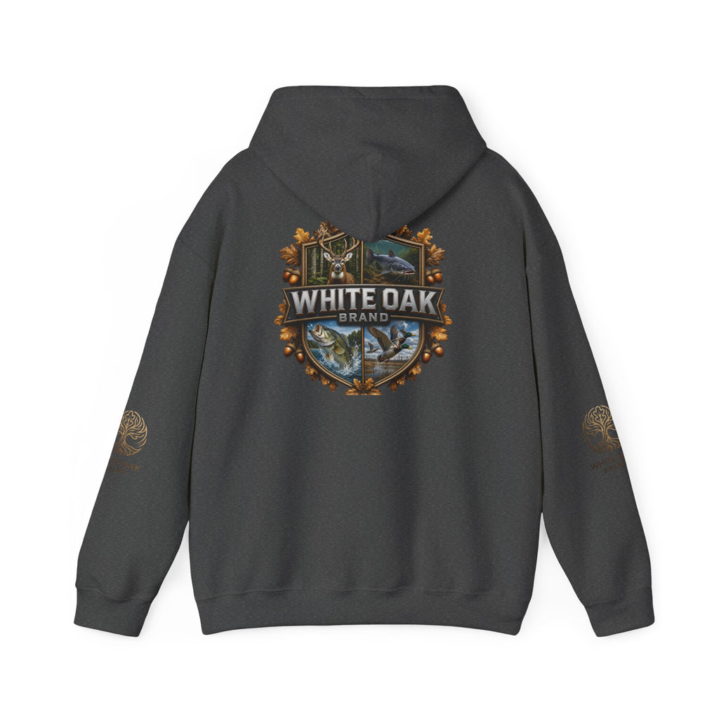 White Oak Brand Hoodie – Nature Logo Pullover with Scenic Back Emblem