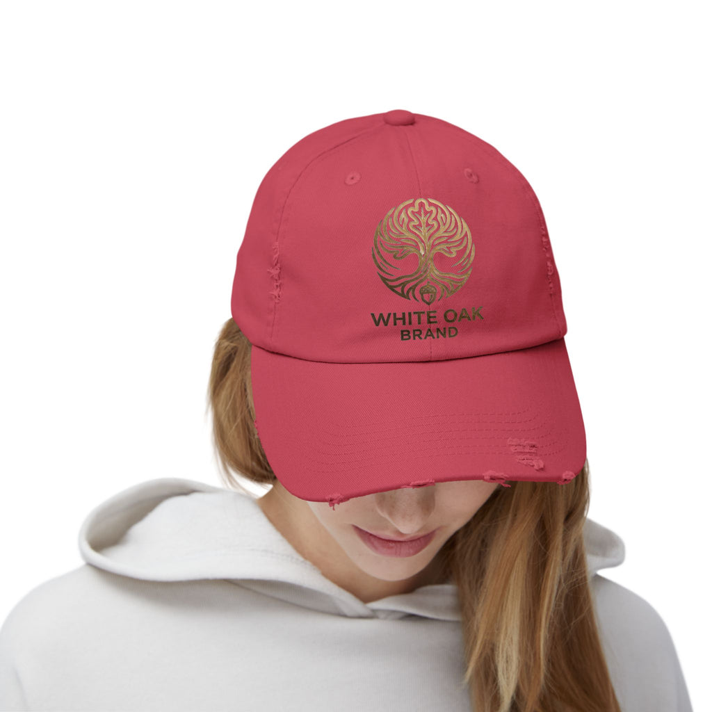 White Oak Distressed Cap — Rustic Gold Tree Logo Baseball Hat