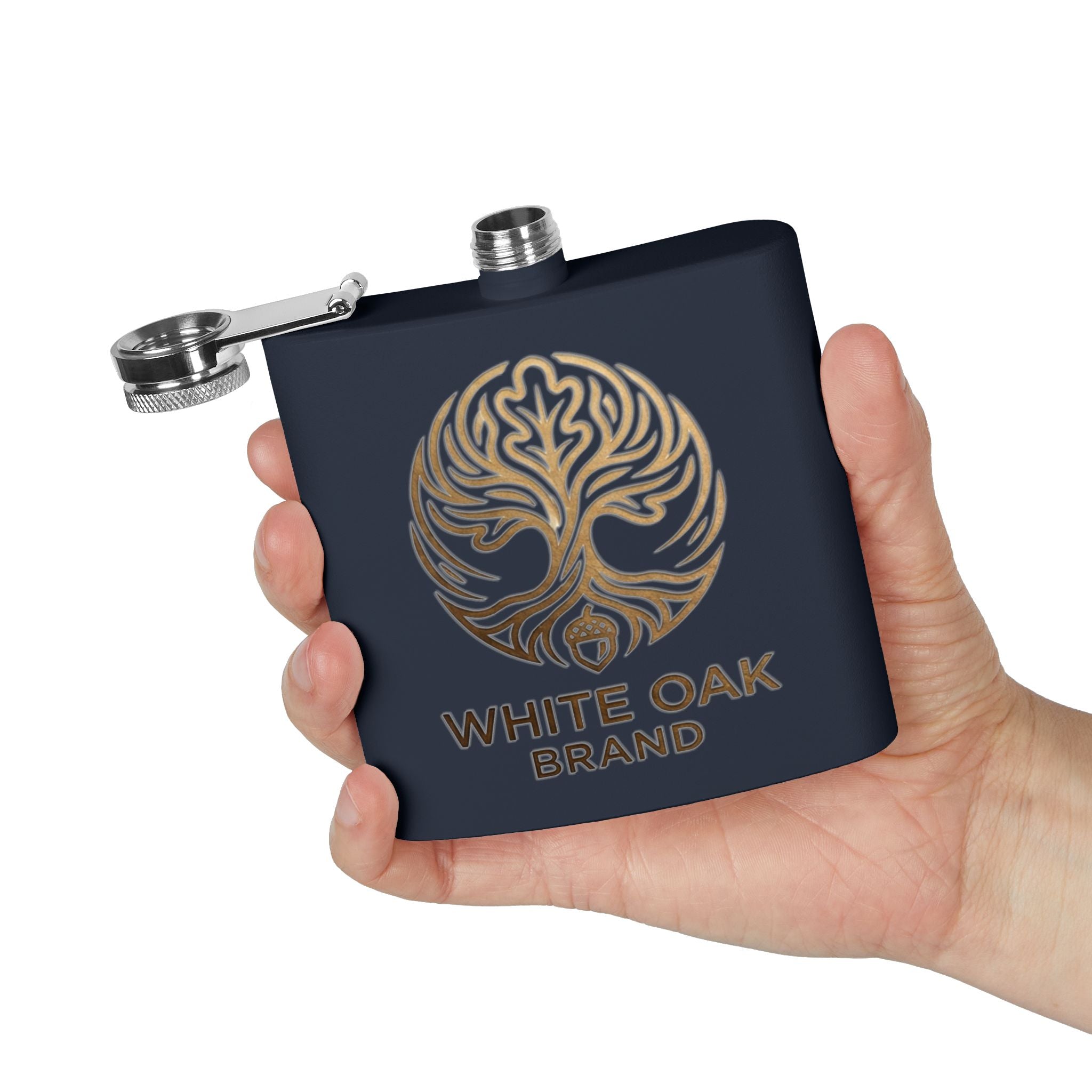 White Oak Brand 6oz Stainless Steel Flask — Engraved Oak Logo Hip Flask, Gift for Groomsmen & Outdoor Enthusiasts